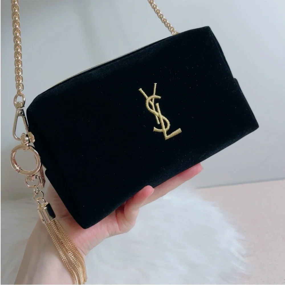 YSL YVES SAINT LAURENT Black Velvet bag purse clutch Gold Logo Chain tassel - Picture 3 of 7